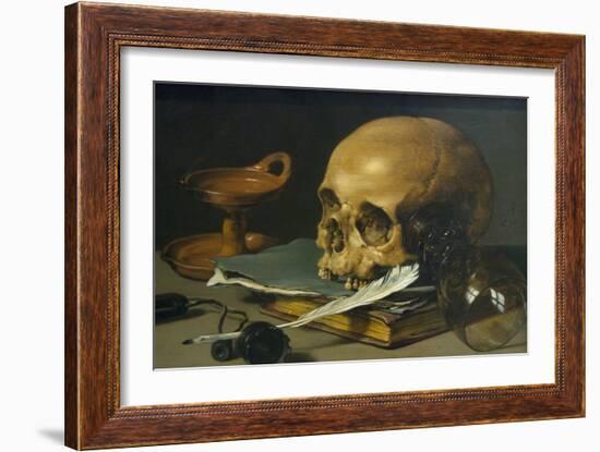 Still Life with a Skull and a Writing Quill, 1628-Pieter Claesz-Framed Art Print