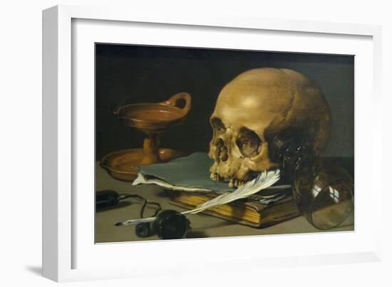 Still Life with a Skull and a Writing Quill, 1628-Pieter Claesz-Framed Art Print