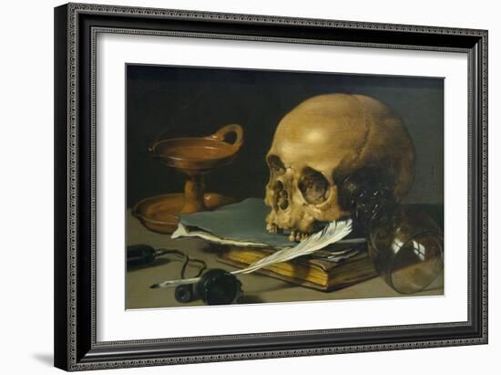 Still Life with a Skull and a Writing Quill, 1628-Pieter Claesz-Framed Art Print