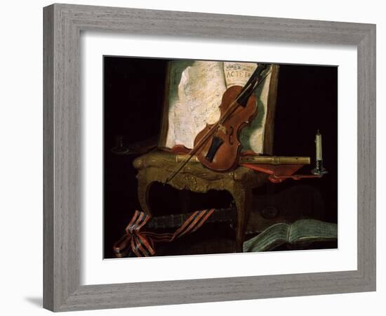 Still Life with a Violin, 19th Century-Pierre Justin Ouvrie-Framed Giclee Print