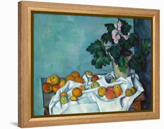 Still Life with Apples and a Pot of Primroses-Paul Cézanne-Framed Stretched Canvas