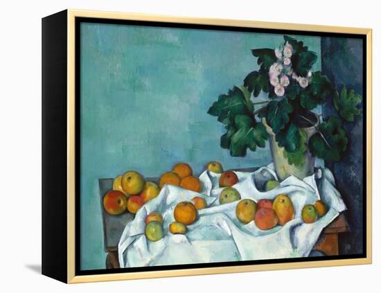 Still Life with Apples and a Pot of Primroses-Paul Cézanne-Framed Stretched Canvas