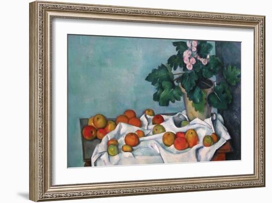 Still Life with Apples and a Pot of Primroses-Paul Cézanne-Framed Art Print