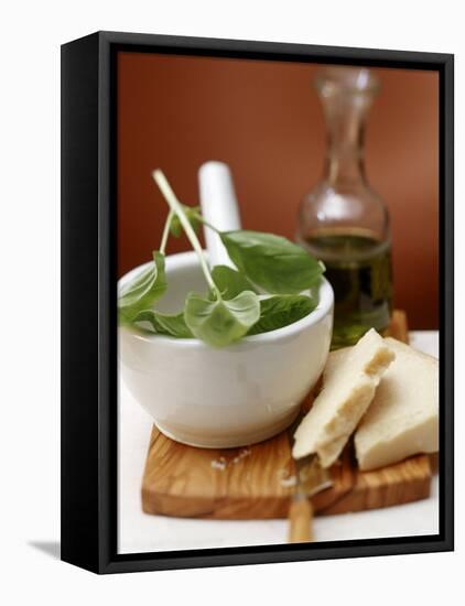 Still Life with Basil in Mortar, Parmesan and Olive Oil-null-Framed Premier Image Canvas