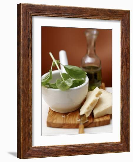 Still Life with Basil in Mortar, Parmesan and Olive Oil-null-Framed Photographic Print