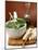 Still Life with Basil in Mortar, Parmesan and Olive Oil-null-Mounted Photographic Print