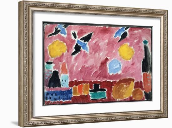 Still Life with Bottle, Bread and Red Wallpaper with Swallows-Alexej Von Jawlensky-Framed Giclee Print