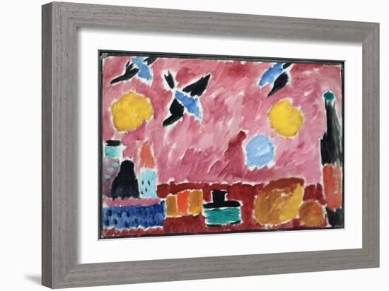 Still Life with Bottle, Bread and Red Wallpaper with Swallows-Alexej Von Jawlensky-Framed Giclee Print