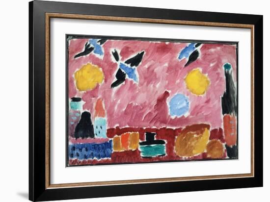 Still Life with Bottle, Bread and Red Wallpaper with Swallows-Alexej Von Jawlensky-Framed Giclee Print