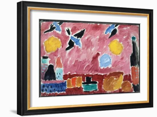 Still Life with Bottle, Bread and Red Wallpaper with Swallows-Alexej Von Jawlensky-Framed Giclee Print