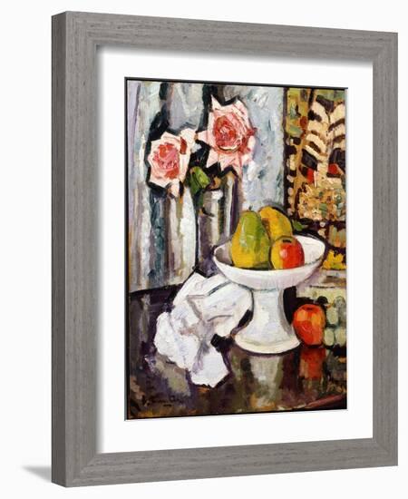 Still Life with Bowl of Fruit and a Vase of Pink Roses-George Leslie Hunter-Framed Giclee Print