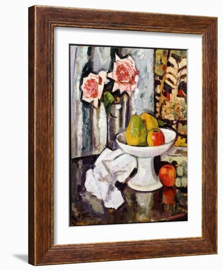 Still Life with Bowl of Fruit and a Vase of Pink Roses-George Leslie Hunter-Framed Giclee Print