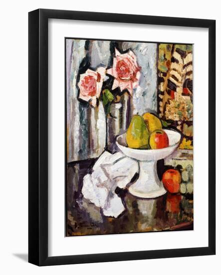 Still Life with Bowl of Fruit and a Vase of Pink Roses-George Leslie Hunter-Framed Giclee Print