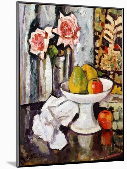 Still Life with Bowl of Fruit and a Vase of Pink Roses-George Leslie Hunter-Mounted Giclee Print