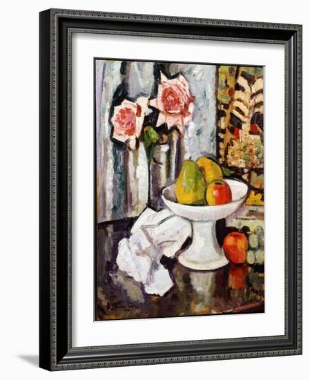 Still Life with Bowl of Fruit and a Vase of Pink Roses-George Leslie Hunter-Framed Giclee Print