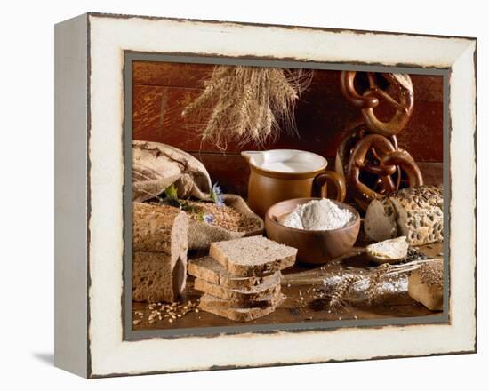 Still Life with Bread, Pretzels and Baking Ingredients-Barbara Lutterbeck-Framed Premier Image Canvas