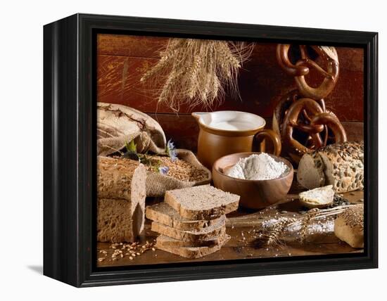 Still Life with Bread, Pretzels and Baking Ingredients-Barbara Lutterbeck-Framed Premier Image Canvas