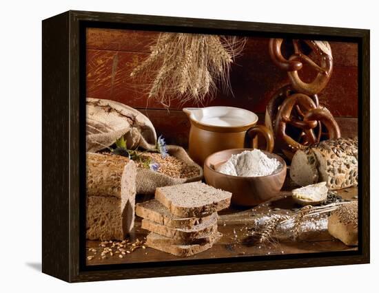 Still Life with Bread, Pretzels and Baking Ingredients-Barbara Lutterbeck-Framed Premier Image Canvas