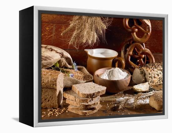 Still Life with Bread, Pretzels and Baking Ingredients-Barbara Lutterbeck-Framed Premier Image Canvas