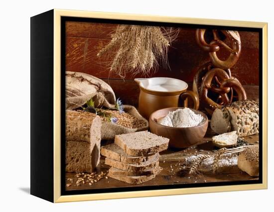 Still Life with Bread, Pretzels and Baking Ingredients-Barbara Lutterbeck-Framed Premier Image Canvas