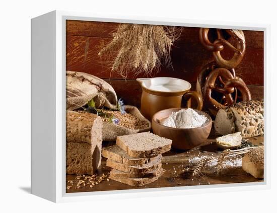 Still Life with Bread, Pretzels and Baking Ingredients-Barbara Lutterbeck-Framed Premier Image Canvas