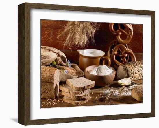 Still Life with Bread, Pretzels and Baking Ingredients-Barbara Lutterbeck-Framed Photographic Print