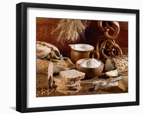 Still Life with Bread, Pretzels and Baking Ingredients-Barbara Lutterbeck-Framed Photographic Print