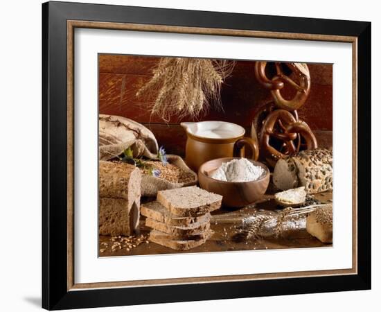 Still Life with Bread, Pretzels and Baking Ingredients-Barbara Lutterbeck-Framed Photographic Print