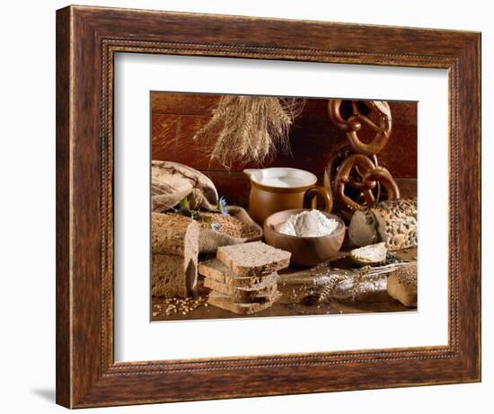 Still Life with Bread, Pretzels and Baking Ingredients-Barbara Lutterbeck-Framed Photographic Print