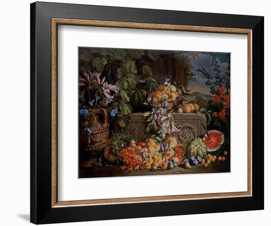 Still Life with Cherries, Watermelon, Peaches, Apricots, Plums, Pomegranates and Figures, 17Th Cent-Abraham Brueghel-Framed Giclee Print