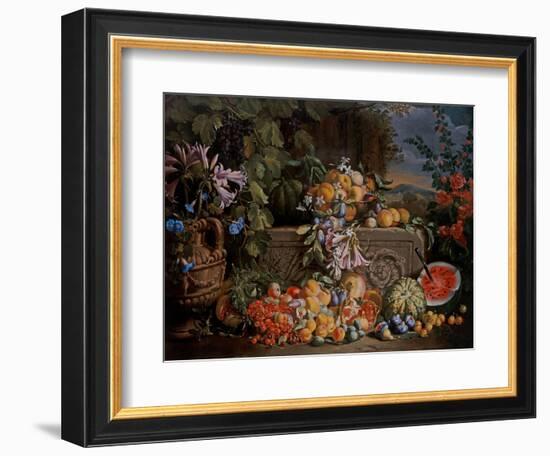 Still Life with Cherries, Watermelon, Peaches, Apricots, Plums, Pomegranates and Figures, 17Th Cent-Abraham Brueghel-Framed Giclee Print