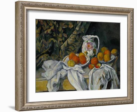 Still Life with Curtain and Flowered Pitcher, 1899-Paul Cézanne-Framed Giclee Print