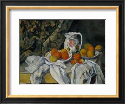 Still Life With Fruit Curtain And Flowered Pitcher by Paul Cezanne
