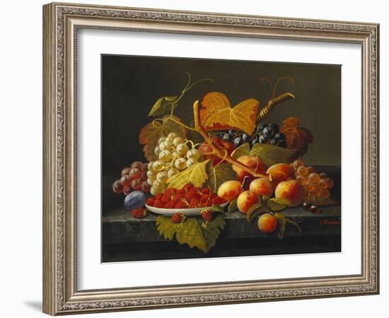 Still Life with Dish of Strawberries, Peaches and Grapes-Severin Roesen-Framed Giclee Print