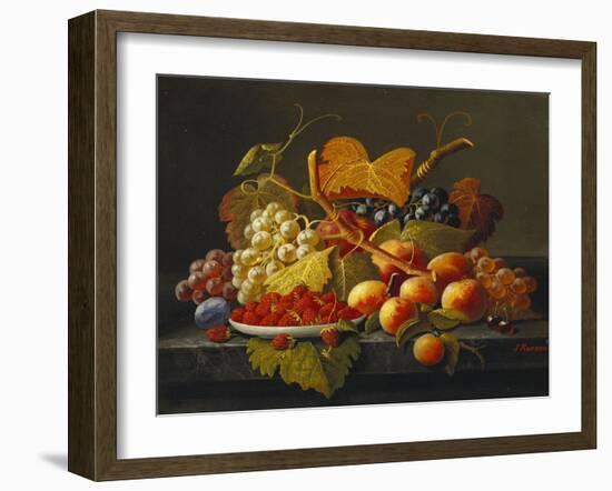 Still Life with Dish of Strawberries, Peaches and Grapes-Severin Roesen-Framed Giclee Print