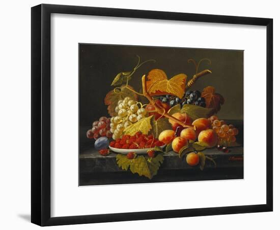 Still Life with Dish of Strawberries, Peaches and Grapes-Severin Roesen-Framed Giclee Print