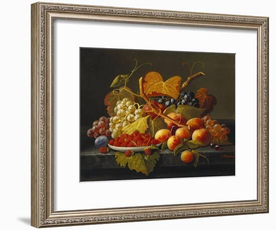 Still Life with Dish of Strawberries, Peaches and Grapes-Severin Roesen-Framed Giclee Print