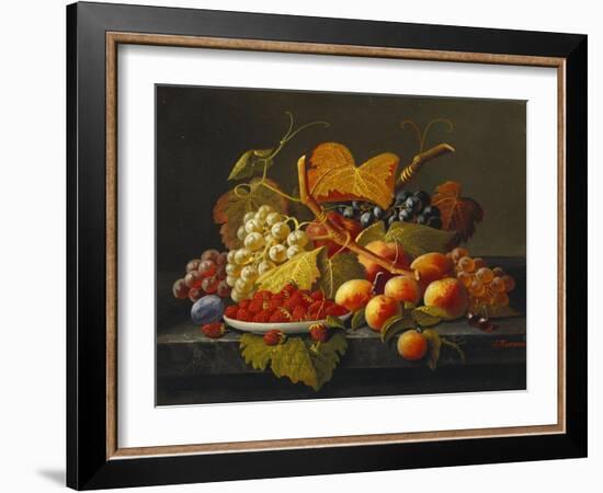 Still Life with Dish of Strawberries, Peaches and Grapes-Severin Roesen-Framed Giclee Print