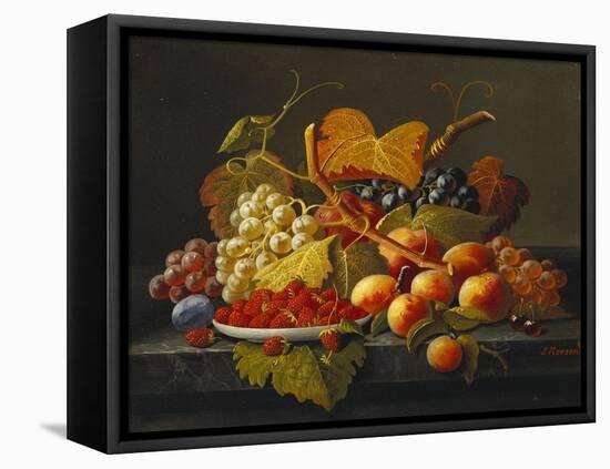 Still Life with Dish of Strawberries, Peaches and Grapes-Severin Roesen-Framed Premier Image Canvas