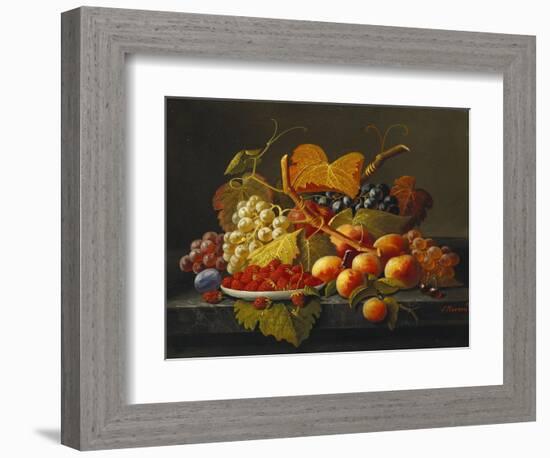 Still Life with Dish of Strawberries, Peaches and Grapes-Severin Roesen-Framed Giclee Print