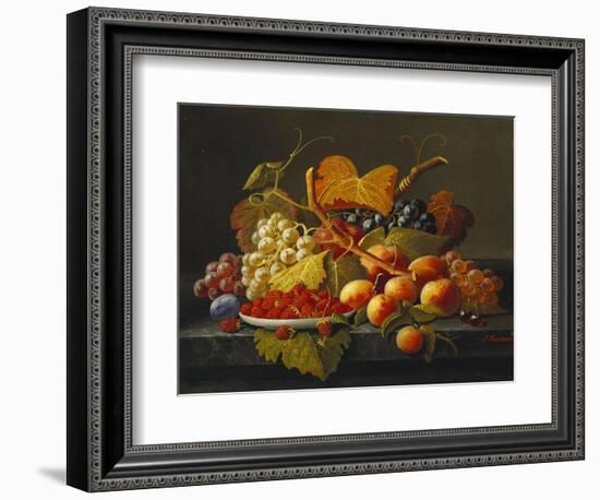 Still Life with Dish of Strawberries, Peaches and Grapes-Severin Roesen-Framed Giclee Print