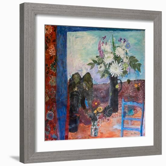 Still Life with Flowers and a Blue Chair, 2019 (Acrylic)-Ann Oram-Framed Giclee Print