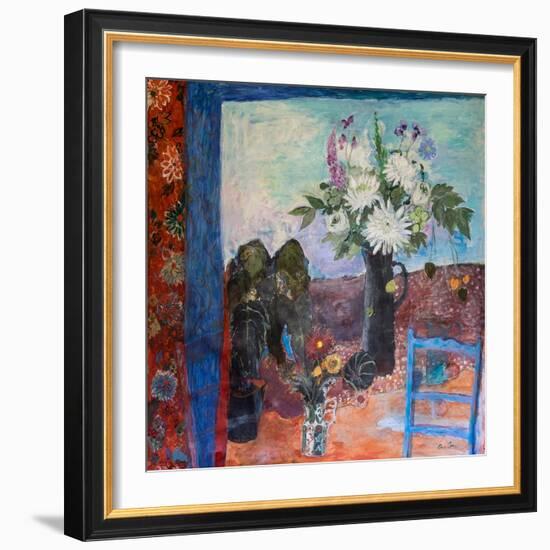 Still Life with Flowers and a Blue Chair, 2019 (Acrylic)-Ann Oram-Framed Giclee Print