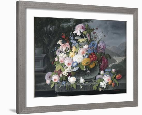 Still Life with Flowers and a Landscape-Severin Roesen-Framed Giclee Print