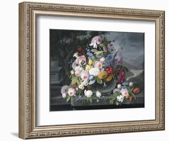 Still Life with Flowers and a Landscape-Severin Roesen-Framed Giclee Print