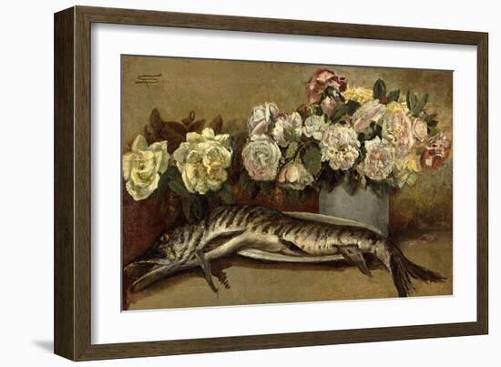 Still Life with Flowers and Fish or Pike and Roses, 1882-Giovanni Segantini-Framed Giclee Print