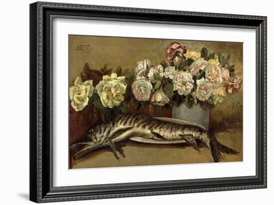 Still Life with Flowers and Fish or Pike and Roses, 1882-Giovanni Segantini-Framed Giclee Print