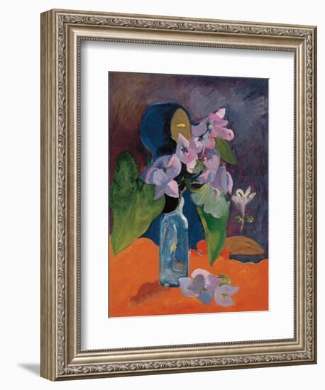 Still Life with Flowers and Idol by Gauguin, Paul Eugene Henri (1848-1903). Oil on Canvas, Ca 1892,-Paul Gauguin-Framed Premium Giclee Print