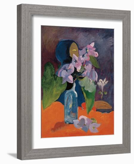 Still Life with Flowers and Idol by Gauguin, Paul Eugene Henri (1848-1903). Oil on Canvas, Ca 1892,-Paul Gauguin-Framed Giclee Print