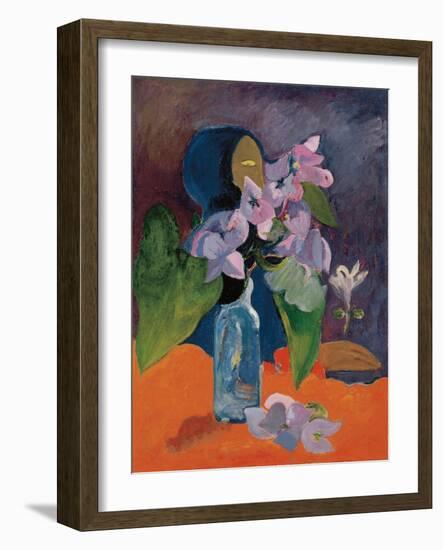 Still Life with Flowers and Idol by Gauguin, Paul Eugene Henri (1848-1903). Oil on Canvas, Ca 1892,-Paul Gauguin-Framed Giclee Print